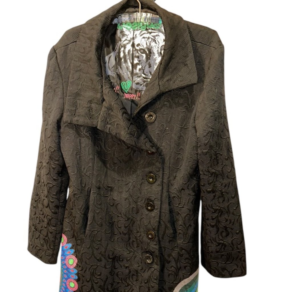 Desigual Black Textured "Happy" Embroidered Flowers Floral Circles Jacket Coat44